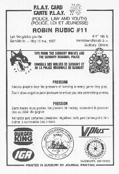 1985-86 Sudbury Wolves (OHL) Police #9 Robin Rubic Back