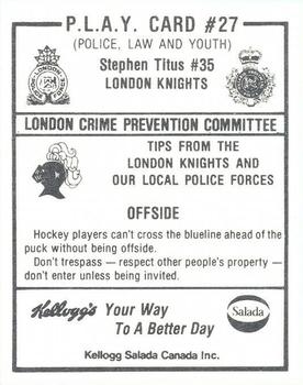 1986-87 London Knights (OHL) Police #27 Steve Titus Back