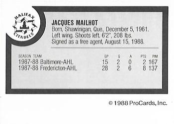 1988-89 ProCards Halifax Citadels (AHL) #NNO Jacques Mailhot Back