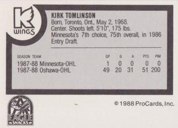 1988-89 ProCards Kalamazoo Wings (IHL) #NNO Kirk Tomlinson Back