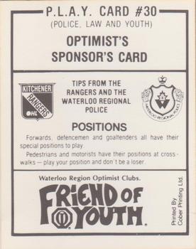 1990-91 Kitchener Rangers (OHL) Police #30 Optimist Sponsor Card Back