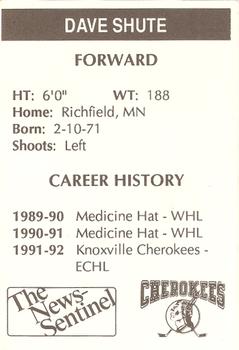 1991-92 Knoxville Cherokees (ECHL) #NNO David Shute Back
