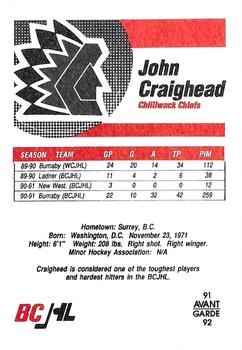 1991-92 Avant Garde BCJHL #NNO John Craighead Back