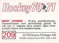1970-71 Williams Hockey (Swedish) #209 Bengt Lovgren Back