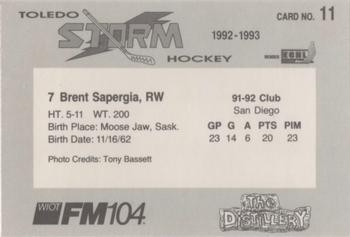 1992-93 Toledo Storm (ECHL) #11 Brent Sapergia Back