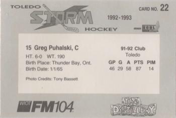 1992-93 Toledo Storm (ECHL) #22 Greg Puhalski Back