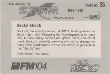 1992-93 Toledo Storm (ECHL) #26 Becky Shock Back