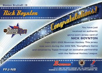 2001-02 Bowman YoungStars - Fabric of the Future Jersey #FFJ-NB Nick Boynton Back