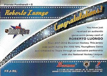 2001-02 Bowman YoungStars - Fabric of the Future Jersey #FFJ-RL Roberto Luongo Back
