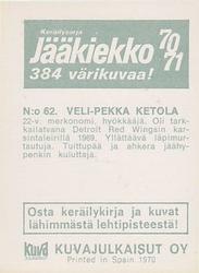1970-71 Kuvajulkaisut Jaakiekko (Finnish) #62 Veli-Pekka Ketola Back