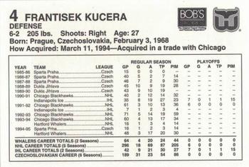 1995-96 Bob's Stores Hartford Whalers Kids Club #NNO Frantisek Kucera Back