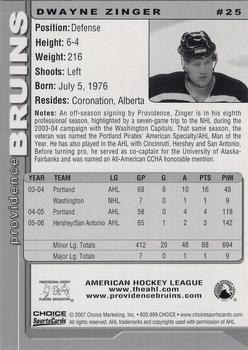 2006-07 Choice Providence Bruins (AHL) #25 Dwayne Zinger Back