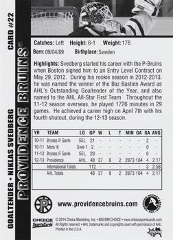 2013-14 Choice Providence Bruins (AHL) #22 Niklas Svedberg Back