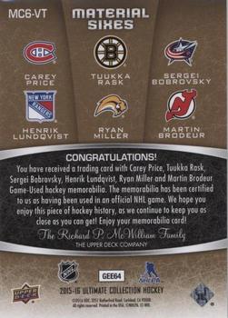 2015-16 Upper Deck Ultimate Collection - Material Sixes #MC6-VT Carey Price / Tuukka Rask / Sergei Bobrovsky / Henrik Lundqvist / Ryan Miller / Martin Brodeur Back