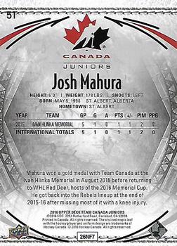 2016 Upper Deck Team Canada Juniors #51 Josh Mahura Back