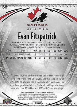 2016 Upper Deck Team Canada Juniors #68 Evan Fitzpatrick Back