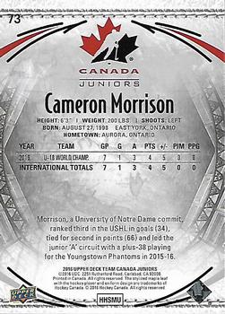 2016 Upper Deck Team Canada Juniors #73 Cameron Morrison Back