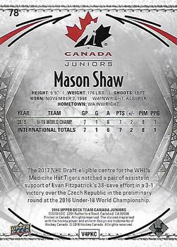 2016 Upper Deck Team Canada Juniors #78 Mason Shaw Back