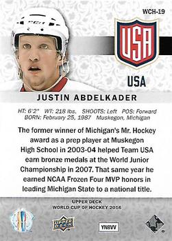 2016 Upper Deck World Cup of Hockey #WCH-19 Justin Abdelkader Back