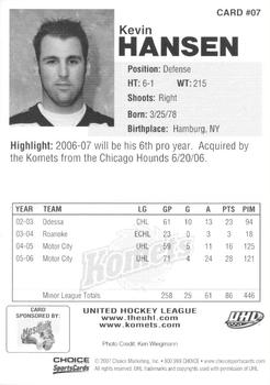 2006-07 Choice Fort Wayne Komets (UHL) #7 Kevin Hansen Back