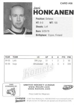 2006-07 Choice Fort Wayne Komets (UHL) #8 Jani Honkanen Back