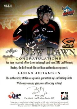 2016 Leaf Genesis - New Dawn Autographs Silver #ND-LJ1 Lucas Johansen Back