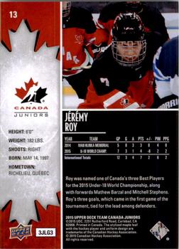 2015 Upper Deck Team Canada Juniors #13 Jeremy Roy Back