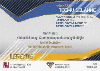 2016 Sereal Team Finland - Legends Autographs #FIN-LGD-A04 Teemu Selänne Back