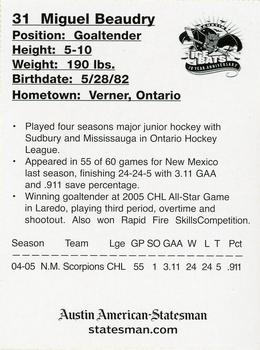 2005-06 Austin Ice Bats (CHL) #2 Miguel Beaudry Back