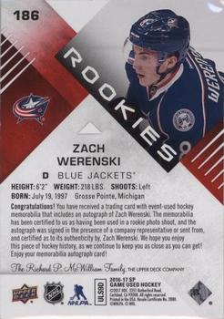2016-17 SP Game Used - Red Autograph Material #186 Zach Werenski Back