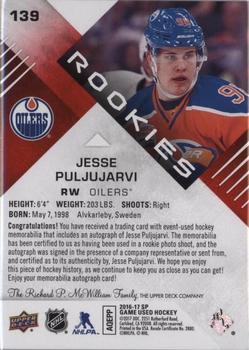 2016-17 SP Game Used - Red Autograph Material Spectrum Premium #139 Jesse Puljujarvi Back