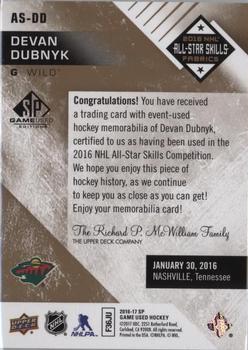 2016-17 SP Game Used - 2016 All-Star Skills Fabrics Patch #AS-DD Devan Dubnyk Back