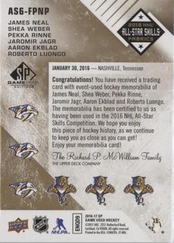 2016-17 SP Game Used - 2016 All-Star Skills Fabrics Sixes Patch #AS6-FPNP James Neal / Shea Weber / Pekka Rinne / Jaromir Jagr / Aaron Ekblad / Roberto Luongo Back