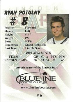 2002-03 Blueline Booster Club Lincoln Stars (USHL) #6 Ryan Potulny Back