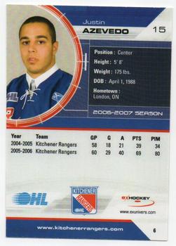 2006-07 Extreme Kitchener Rangers (OHL) #6 Justin Azevedo Back