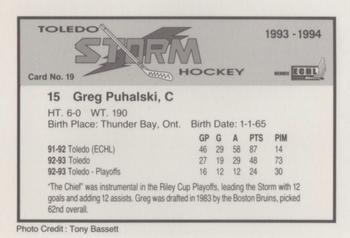 1993-94 Toledo Storm (ECHL) #19 Greg Puhalski Back