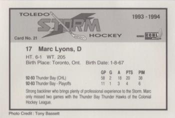 1993-94 Toledo Storm (ECHL) #21 Marc Lyons Back