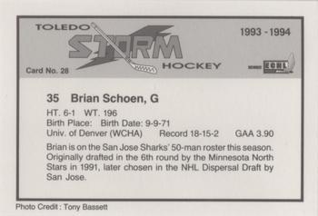 1993-94 Toledo Storm (ECHL) #28 Brian Schoen Back