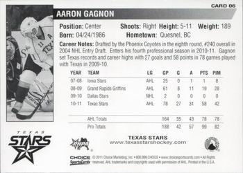 2010-11 Choice Texas Stars (AHL) #6 Aaron Gagnon Back