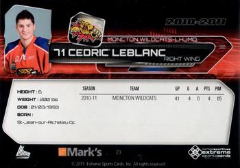 2010-11 Extreme Moncton Wildcats QMJHL #23 Cedric Leblanc Back