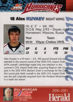 2010-11 Lethbridge Herald Lethbridge Hurricanes (WHL) #NNO Alex Kuvaev Back