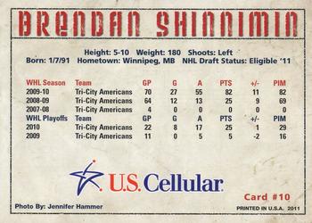 2010-11 U.S. Cellular Tri-City Americans (WHL) #15 Brendan Shinnimin Back