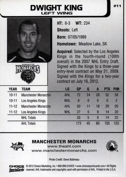 2012-13 Choice Manchester Monarchs (AHL) #11 Dwight King Back