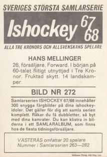 1967-68 Williams Ishockey (Swedish) #272 Hans Mellinger Back