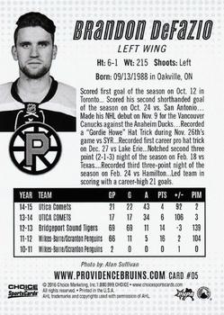 2015-16 Choice Providence Bruins (AHL) #5 Brandon DeFazio Back