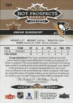 2016-17 Fleer Showcase - Hot Prospects Autograph Patch #150 Oskar Sundqvist Back