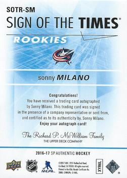 2016-17 SP Authentic - Sign of the Times Rookies #SOTR-SM Sonny Milano Back
