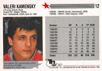 1992-93 Tri-Globe From Russia With Puck #12 Valeri Kamensky Back