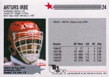 1992-93 Tri-Globe From Russia With Puck #24 Arturs Irbe Back
