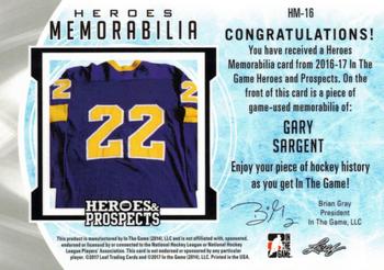 2016-17 Leaf In The Game Heroes and Prospects  - Hero Memorabilia - Emerald #HM­‐16 Gary Sargent Back